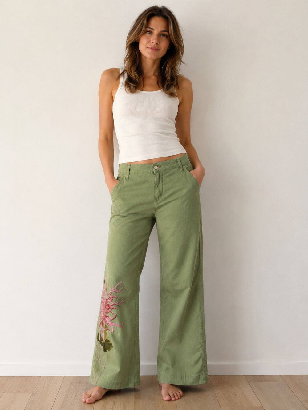Johnny Was Biya Two Ten Ten Five Embroidered Floral Low Rise Pants Size 8